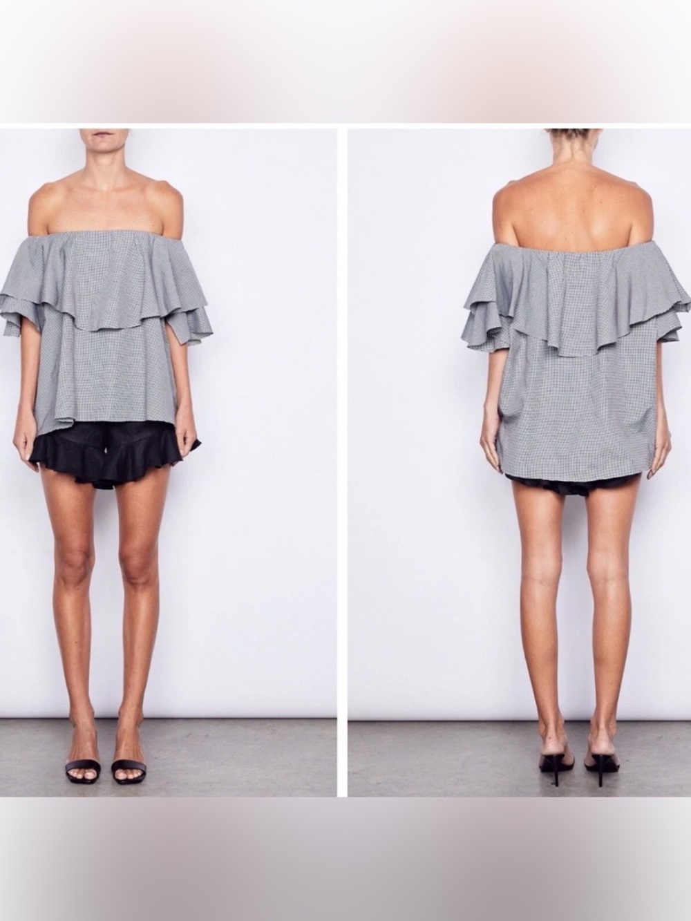 MLM Off-Shoulder Ruffle Top in Light Gray Micro-Check
